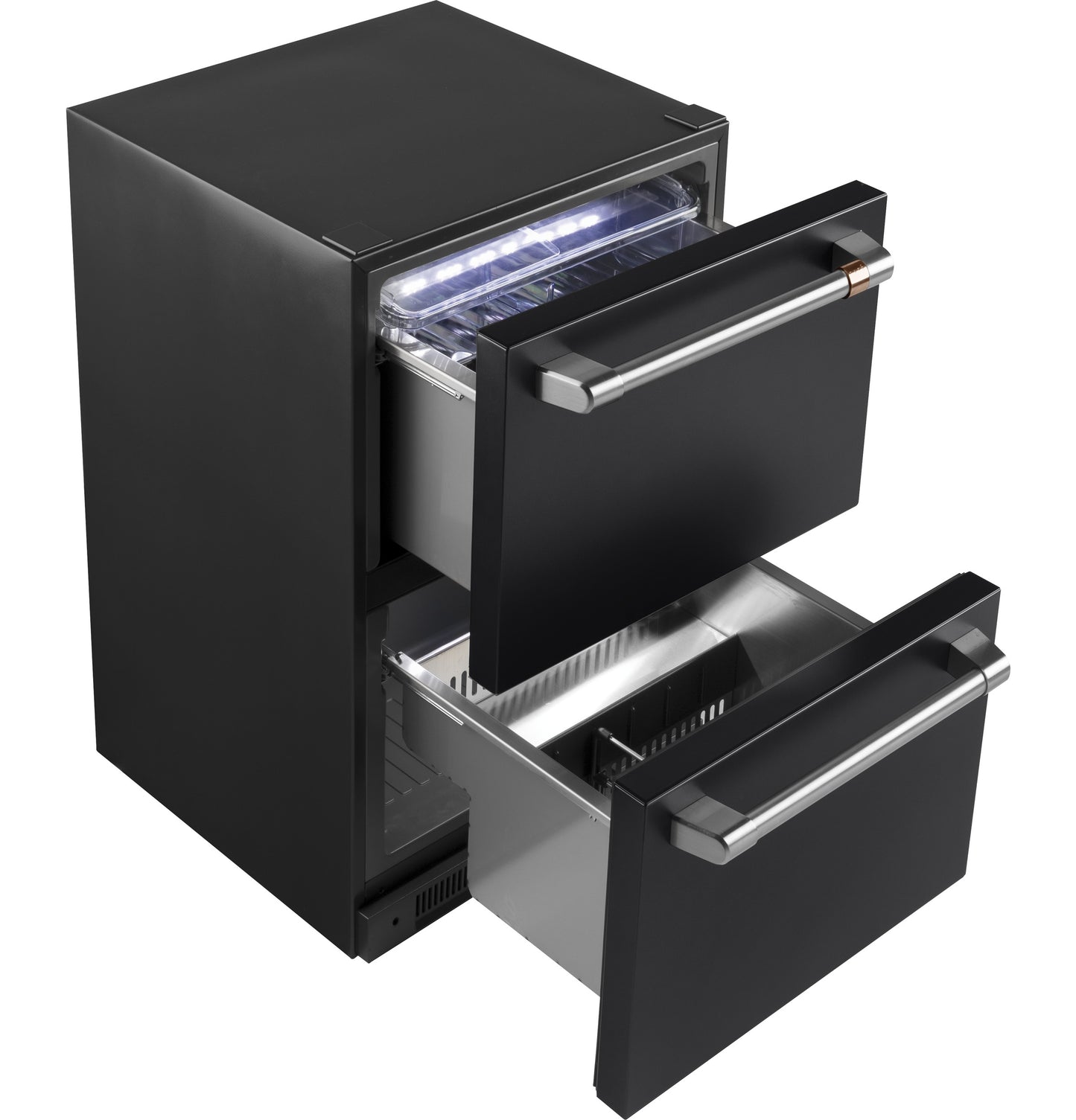 Black built-in dual-drawer refrigerator with stainless steel handles and LED interior lighting in kitchen appliances collection