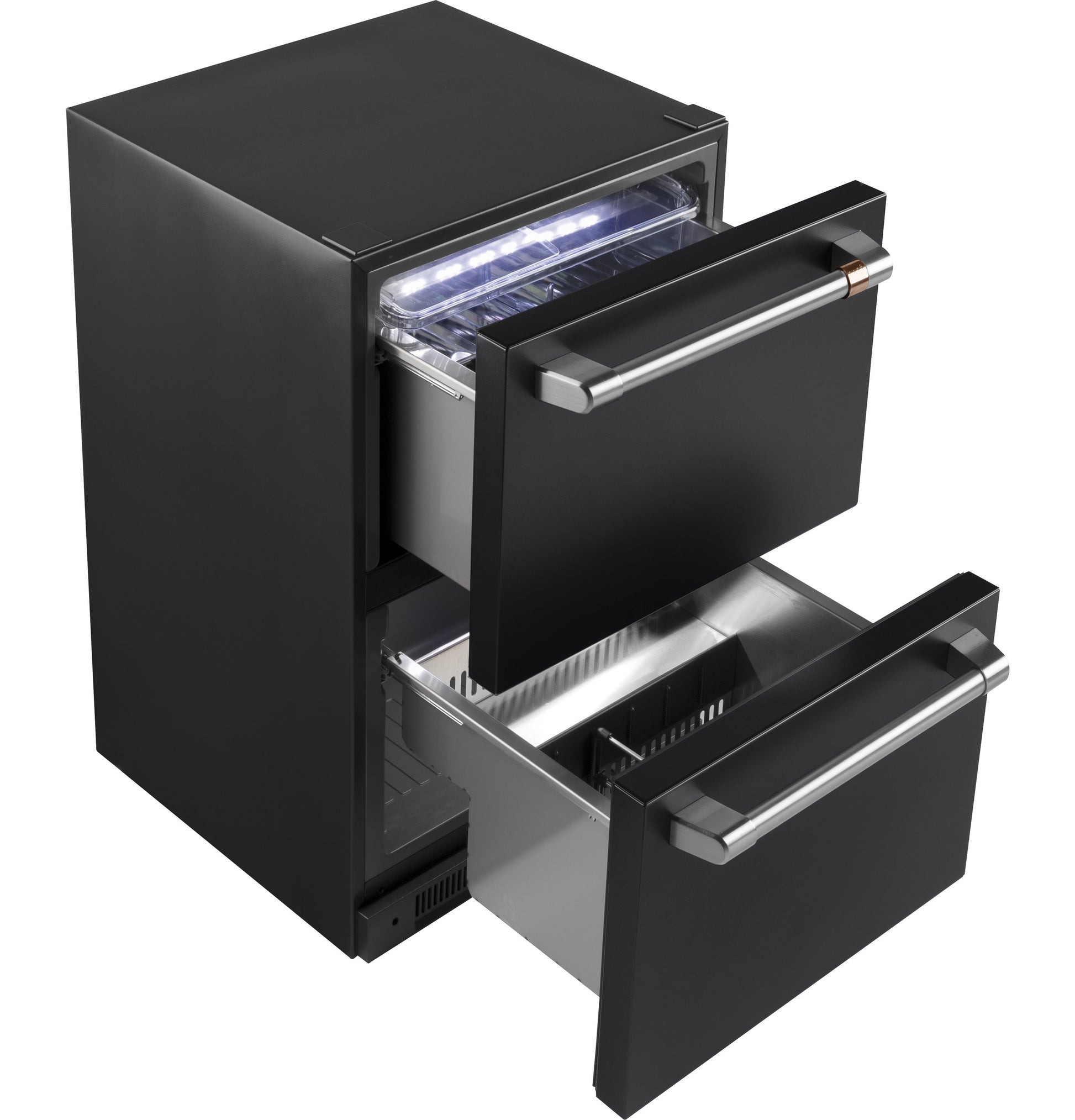 Black built-in dual-drawer refrigerator with stainless steel handles and LED interior lighting in kitchen appliances collection