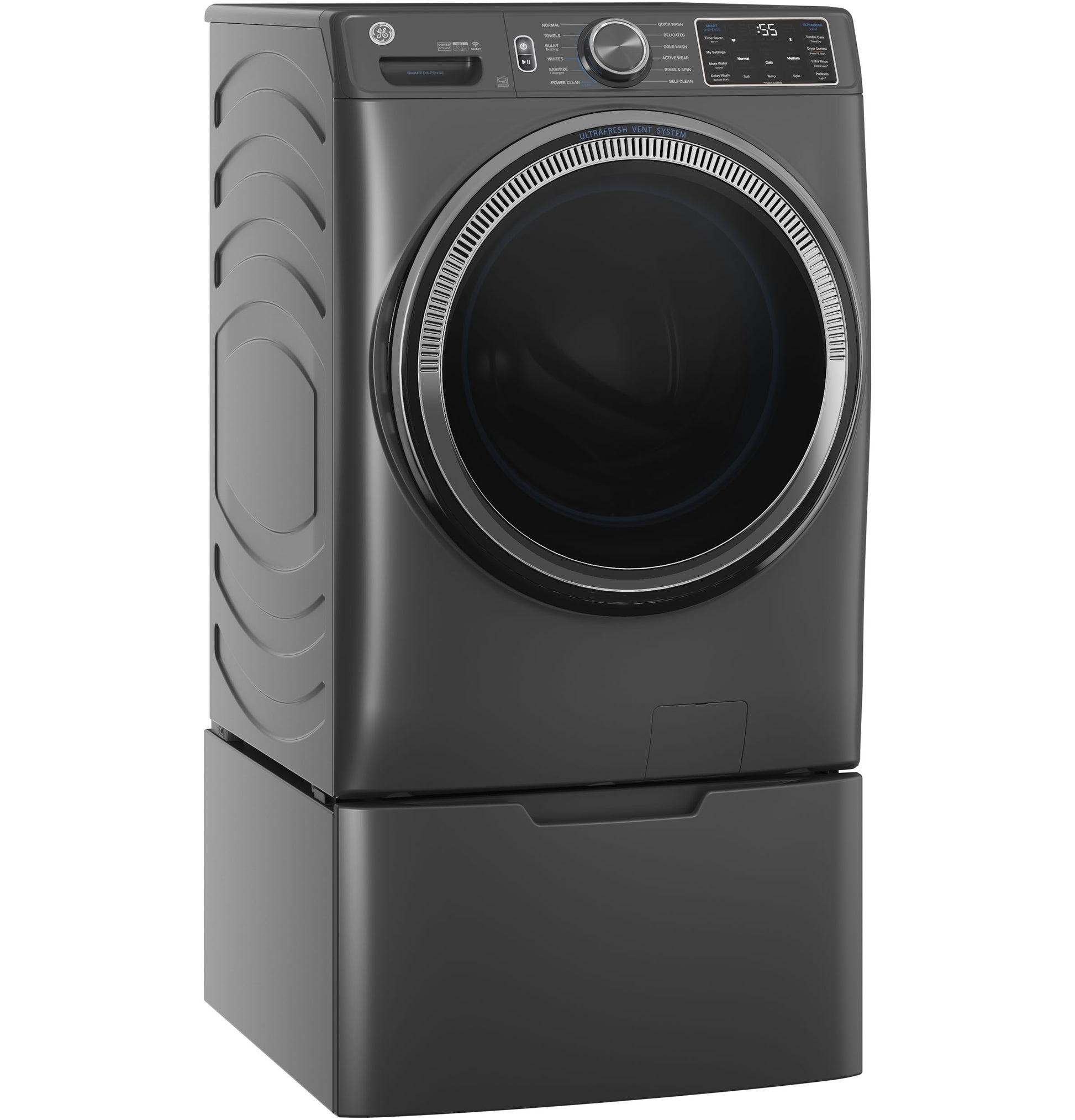 Steel gray front-load washer on matching pedestal in appliance parts and accessories for home improvement
