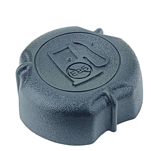 Black textured plastic fuel tank filler cap with E85 fuel icon for tools and home improvement use