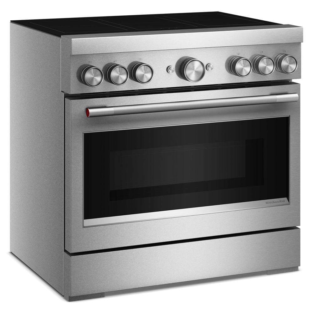 Stainless steel 36-inch freestanding induction range with six control knobs, large oven window, and commercial-style design, featured in Ranges, Kitchen & Kitchenware, All Products, KitchenAid, Appliances, and Ranges & Cooktops collections.