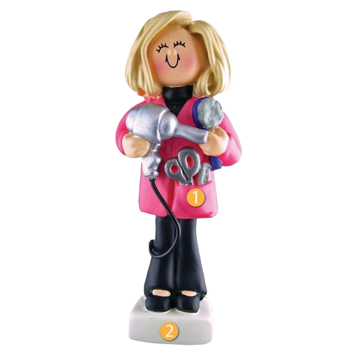 Blonde female hairdresser ornament holding hairdryer and brush for Christmas tree decorations under $50 collection