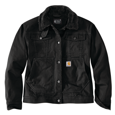 Black rugged flex canvas jacket with sherpa lining and button front for durable outdoor wear