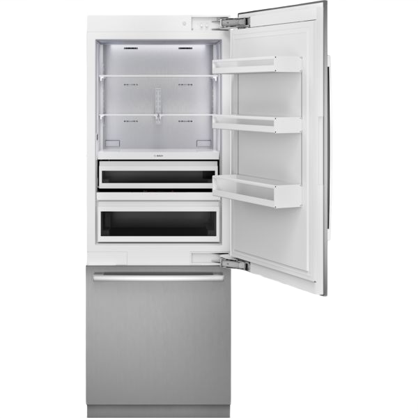 built-in stainless steel bottom freezer refrigerator with soft-close hinge and spacious adjustable shelves for kitchen appliances