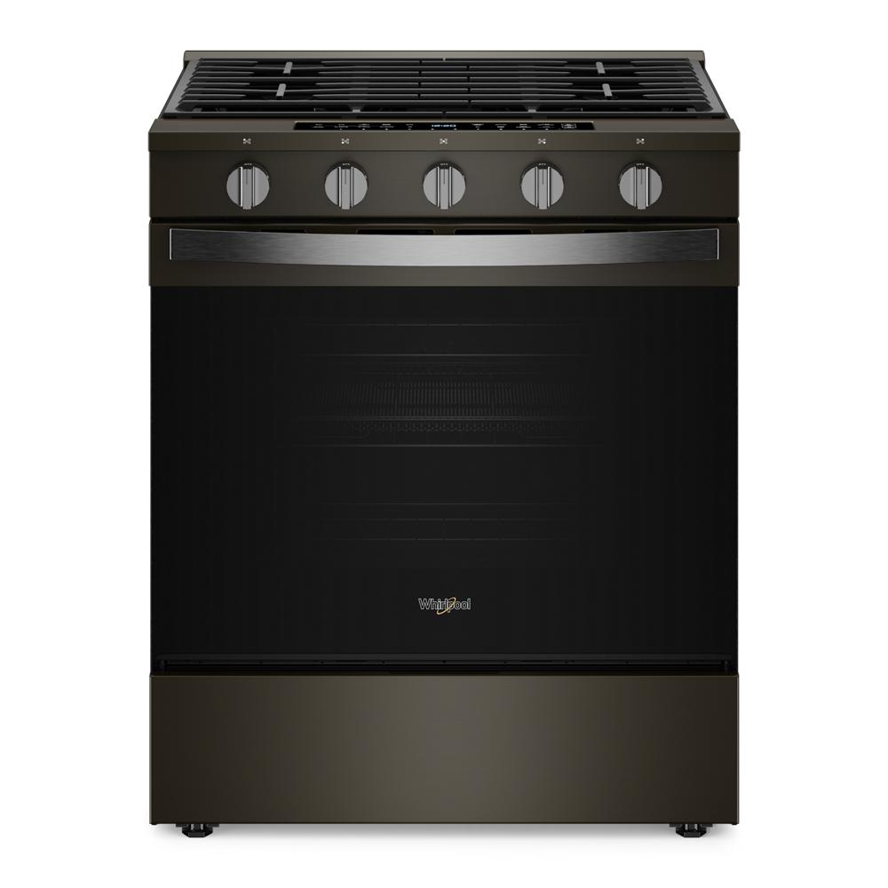 30-inch smart slide-in gas range with stainless steel finish and five control knobs in kitchen appliances collection