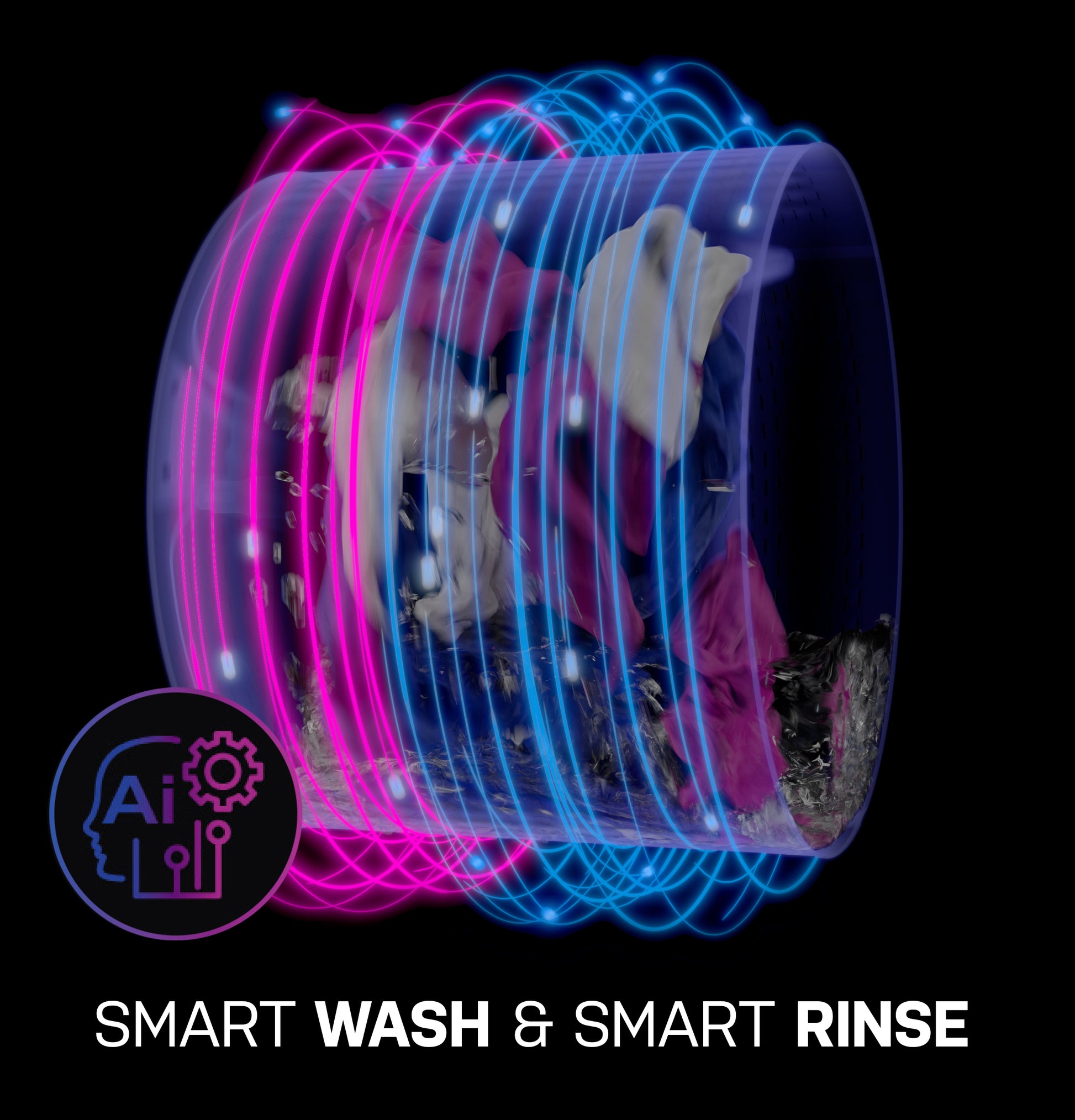 Digital visualization of laundry inside a front load washer highlighting smart wash and rinse technology functions.