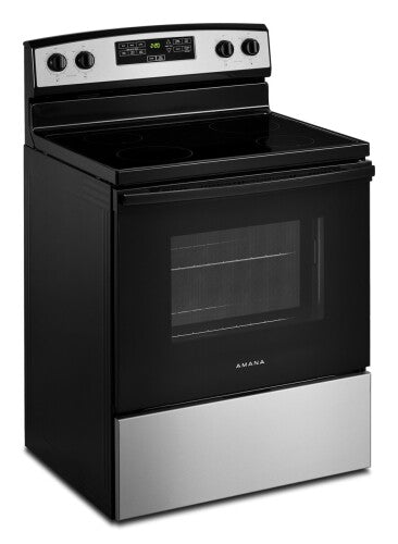 Freestanding black and stainless electric range with smooth cooktop and digital controls from kitchen appliances collection