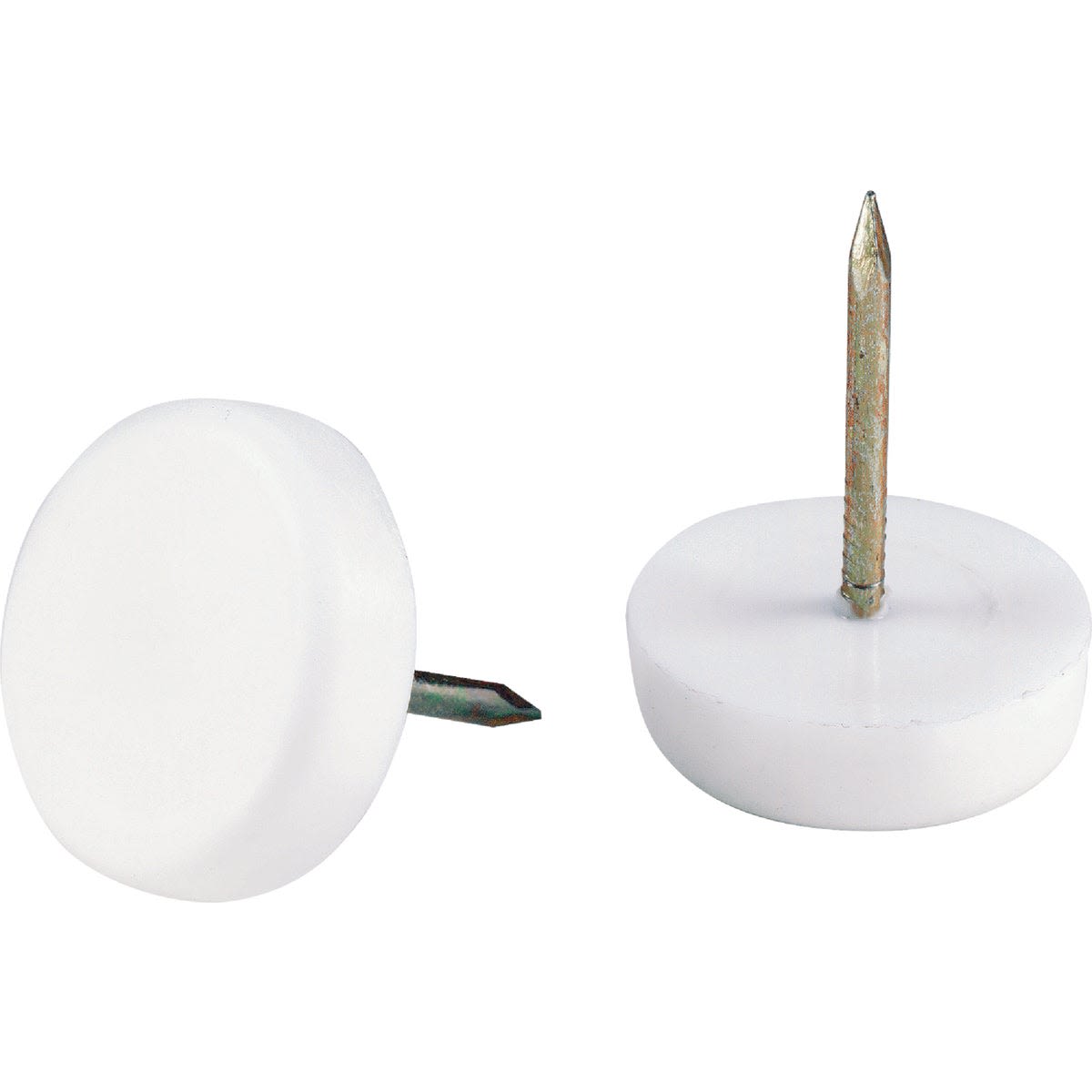 White plastic round furniture glides with nailed metal pins for protecting floors in home improvement projects