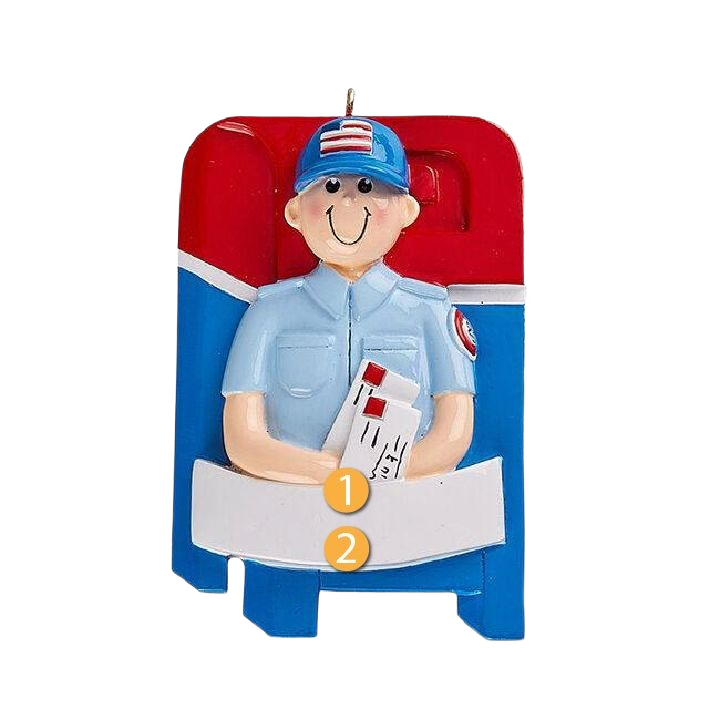 Personalized mailman ornament in uniform holding letters with mailbox backdrop in Christmas Ornaments & Tree Decorations collection