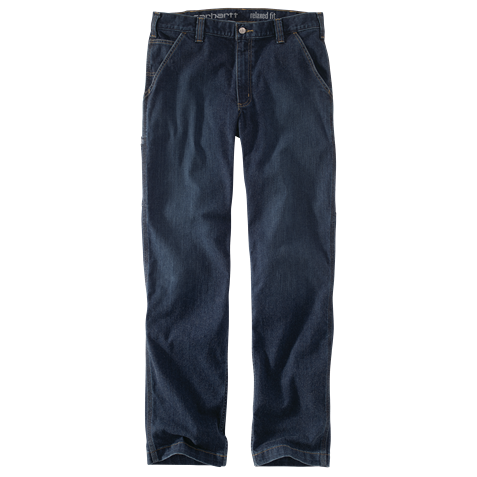 Men's dark blue relaxed fit utility jeans made from durable 12-ounce denim with stretch and Rugged Flex fabric