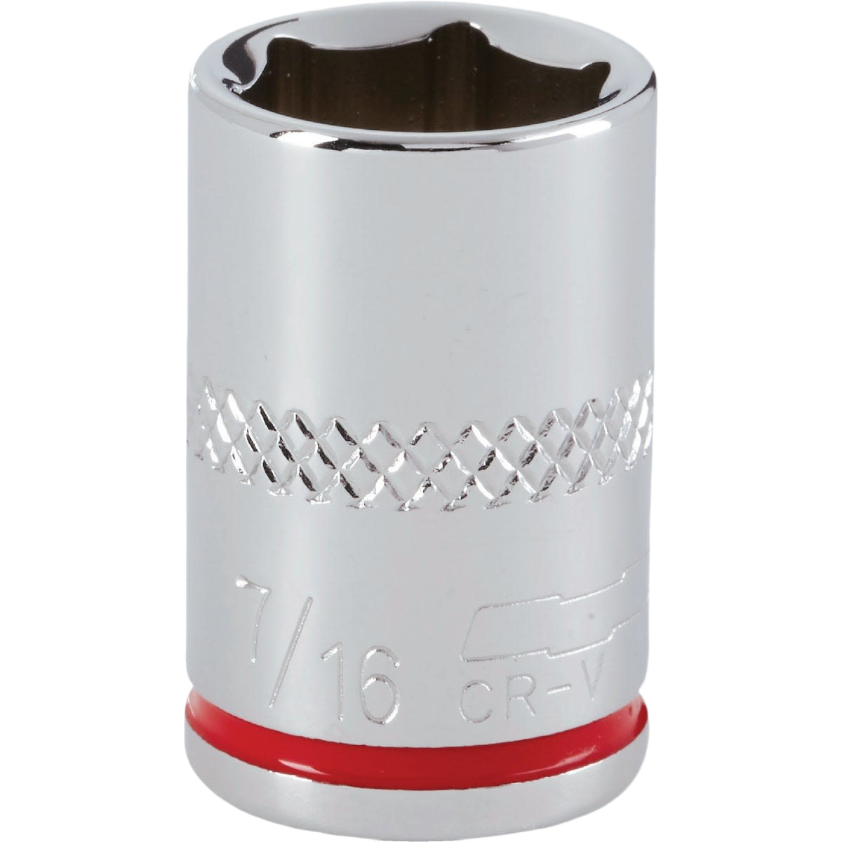 Chrome finished 7/16 inch 6-point shallow socket with textured grip band for hand tools and home improvement use