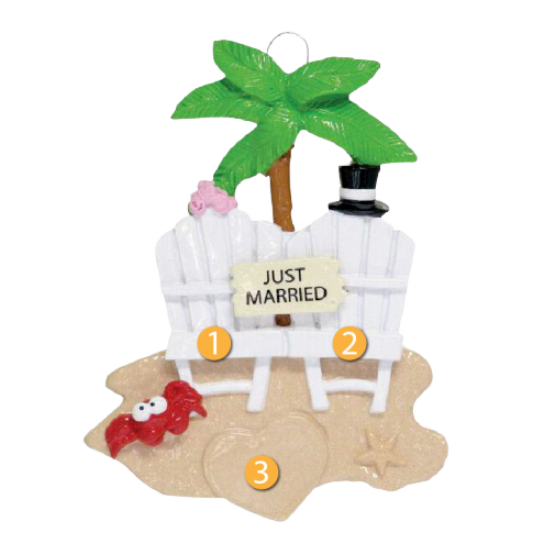 Beach-themed ornament with two white chairs, palm tree, crab, and "Just Married" sign for Christmas decorations under $50