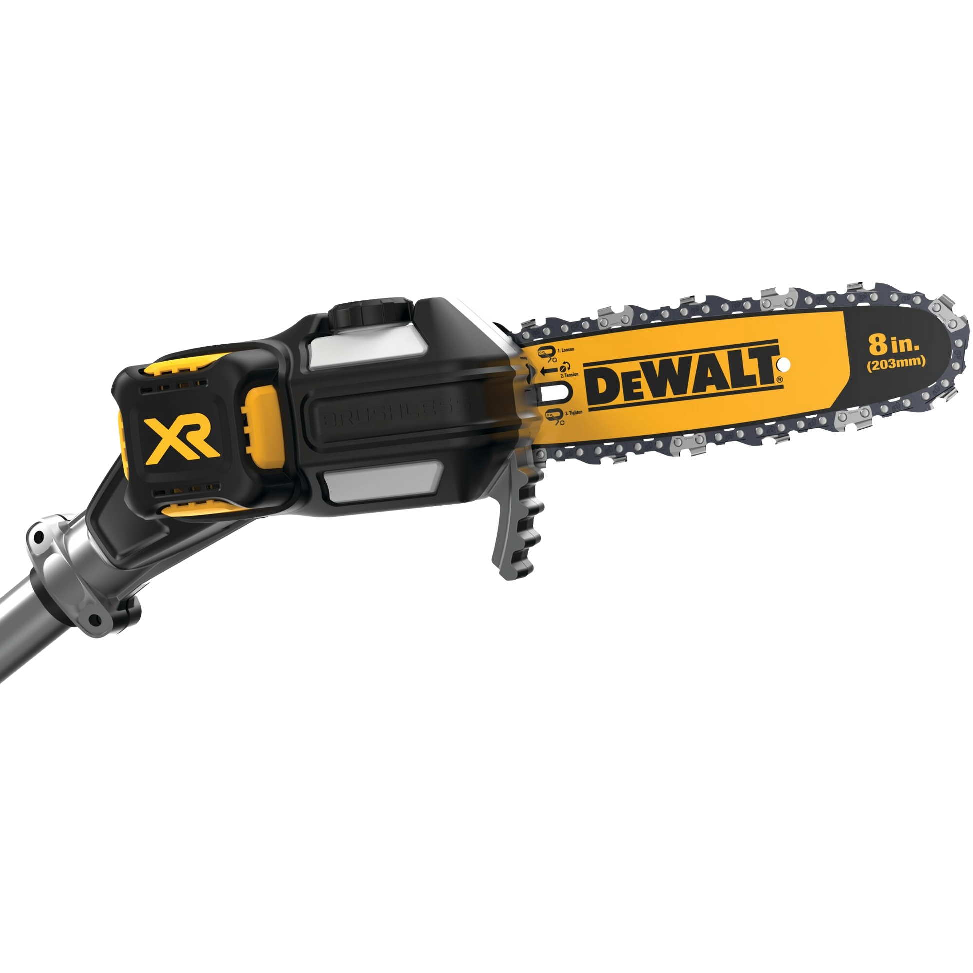 Close-up of a yellow and black cordless brushless pole saw bar and chain with 8-inch cutting blade, part of outdoor power tools for home improvement.