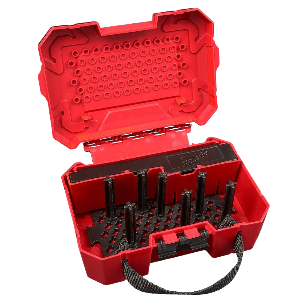 Red compact storage case with customizable peg system for organizing various hole saws and woodworking tools