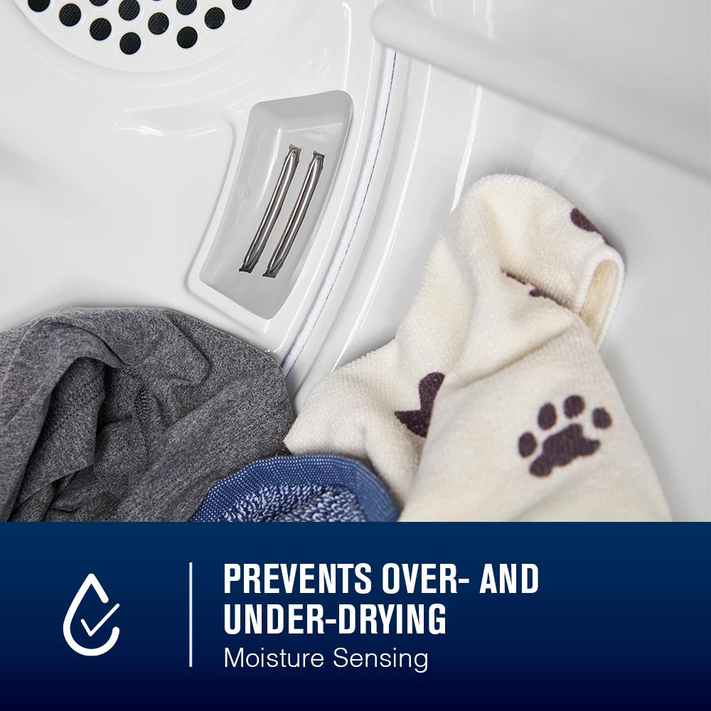 Interior view of electric dryer drum with mixed clothes including a pet hair blanket and moisture sensing feature text