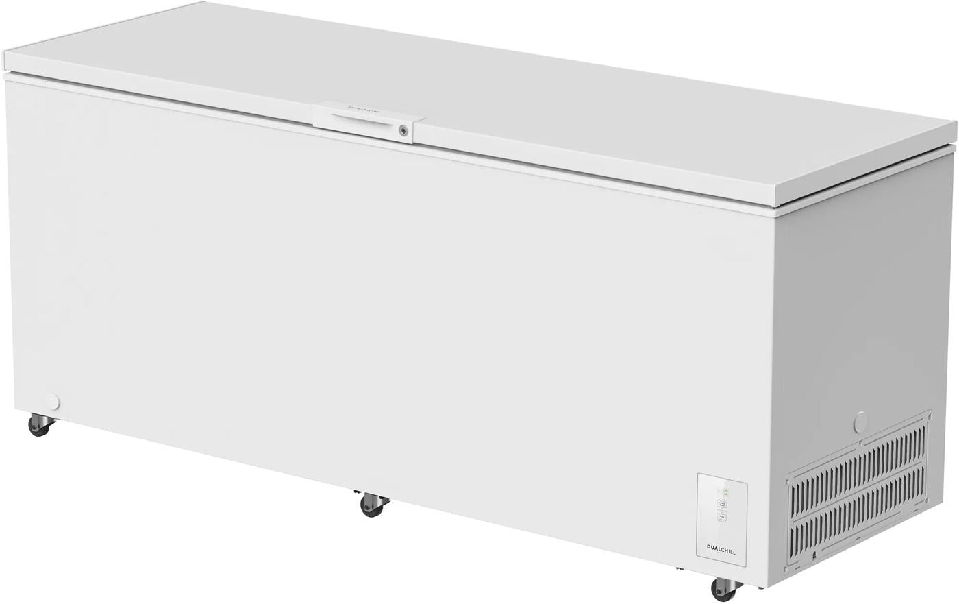 White garage-ready chest freezer with caster wheels and a hinged lid, suitable for Freezers & Ice Makers, Chest Freezers, and Appliances collections.