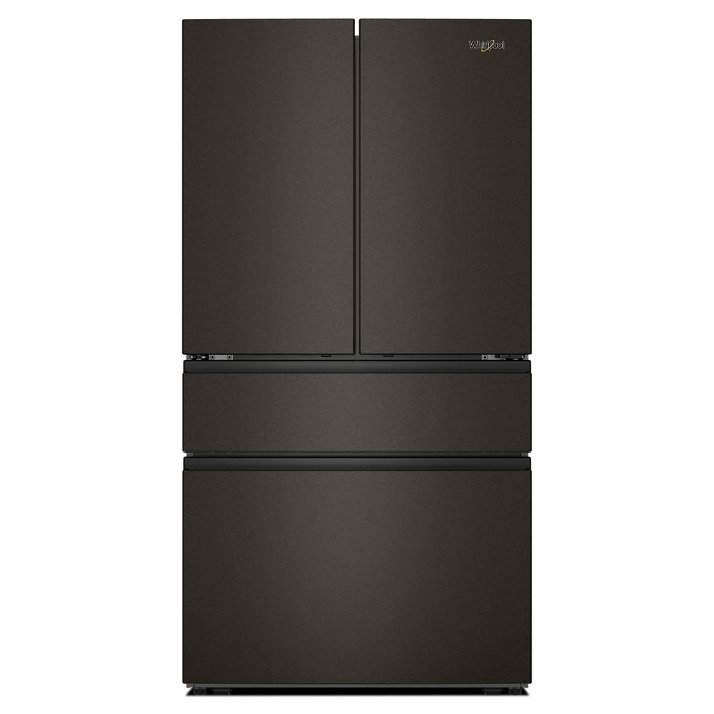 Front view of matte black French door refrigerator with flexible temperature drawer in kitchen appliances collection