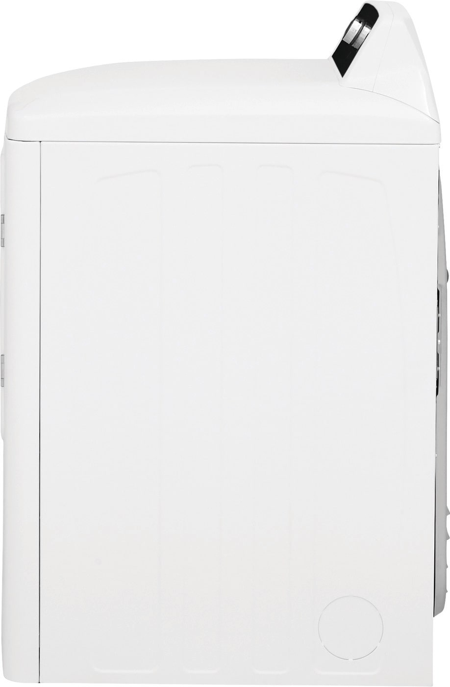 Side view of a white large capacity free standing gas dryer in appliance setting for home improvement