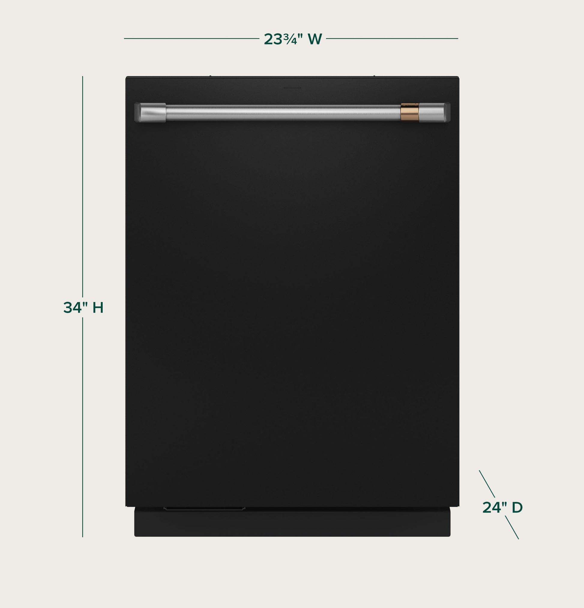 Front view of black dishwasher with stainless steel handle and dimensions for kitchen appliances collection