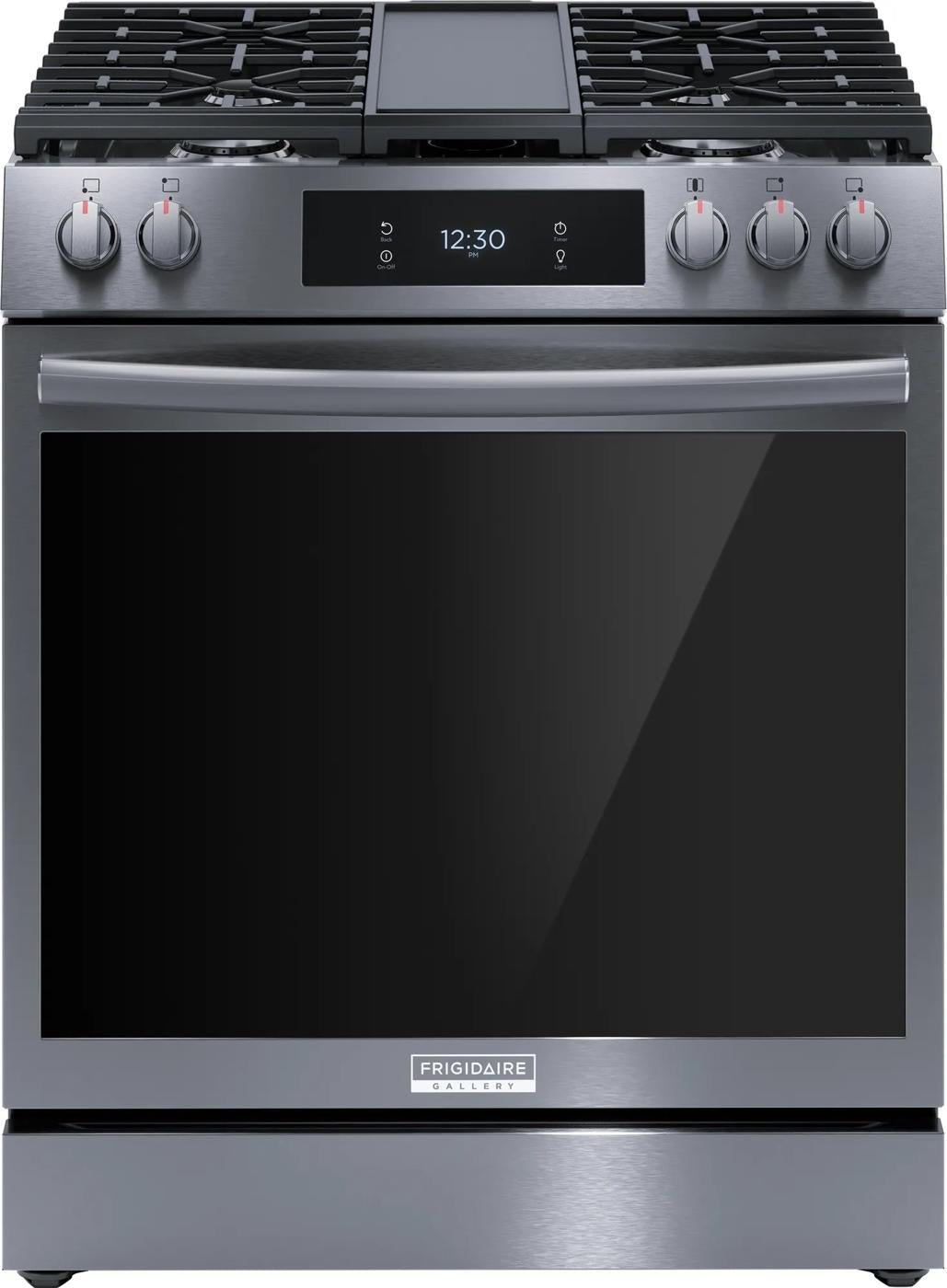 Stainless steel gas range with front controls, digital display, and convection oven for modern kitchen and appliances collections