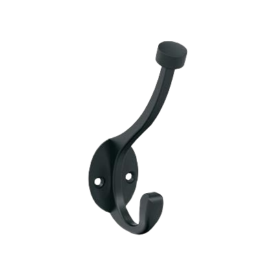 Matte black two-prong decorative wall hook ideal for organizing and home improvement projects with durable metal finish