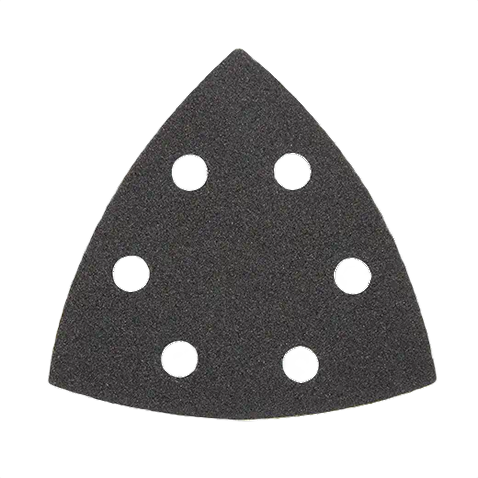 Triangle-shaped 120-grit sanding pad with seven dust extraction holes for power tool sanding and home improvement tasks