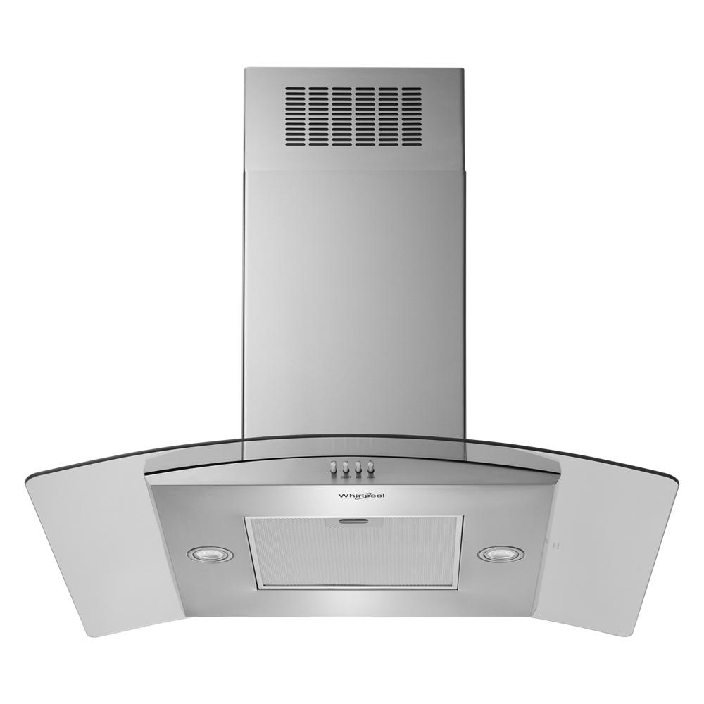 Stainless steel curved glass island range hood with vent and control buttons from kitchen appliances collection