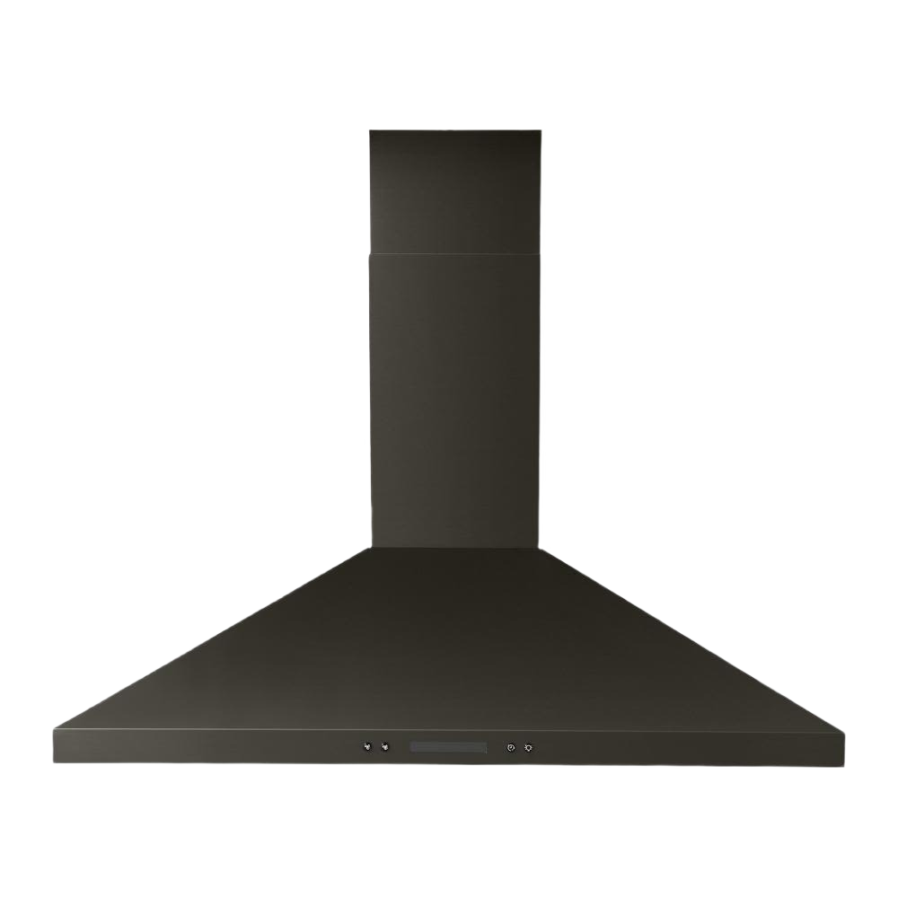 Black steel chimney wall mount range hood with dishwasher-safe grease filters and LED lighting in kitchen appliances collection
