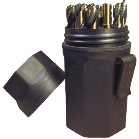 Compact black storage case holding multiple titanium-coated jobber drill bits for power tool accessories and home improvement tasks