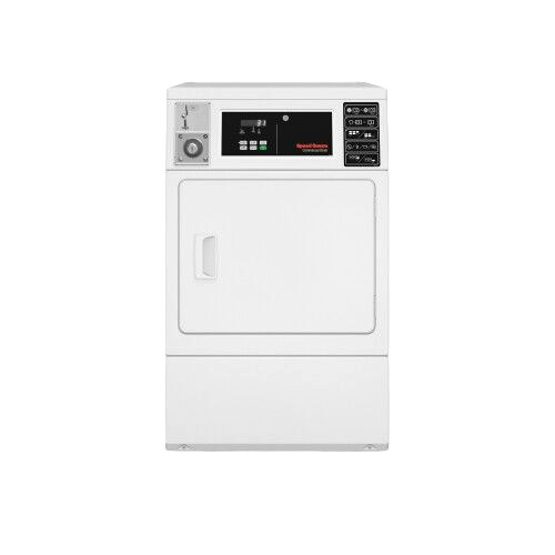 Front control white commercial gas dryer with coin drop feature for durable use in appliances and washers & dryers collections