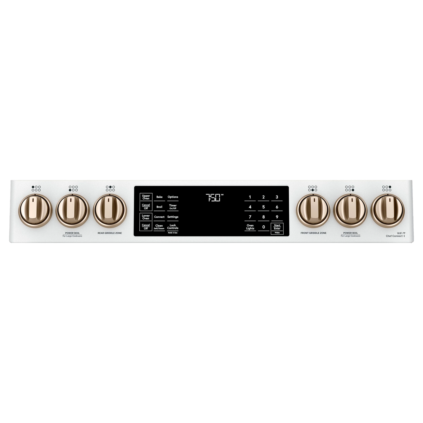 Stainless steel gas range control panel with bronze knobs and digital display from Ranges & Kitchenware collections