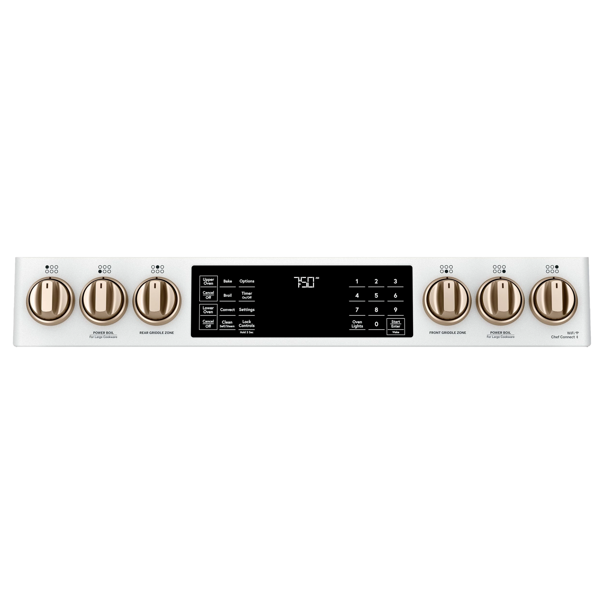 Stainless steel gas range control panel with bronze knobs and digital display from Ranges & Kitchenware collections