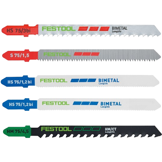 Set of five Festool specialty jigsaw blades in color-coded handles for woodworking and saw accessories under $100 collection