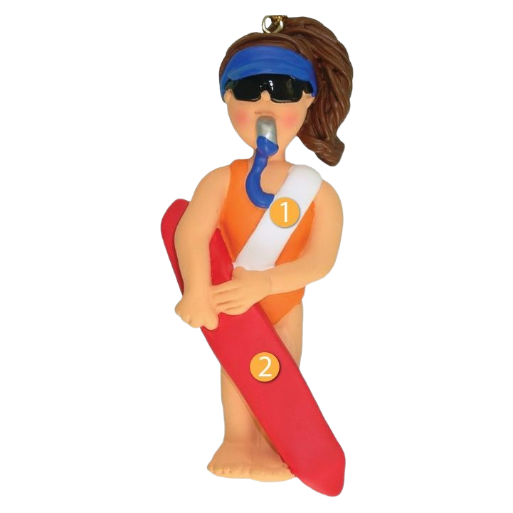 Brunette lifeguard ornament wearing orange swimsuit and visor holding a red rescue board, Christmas decoration under $50