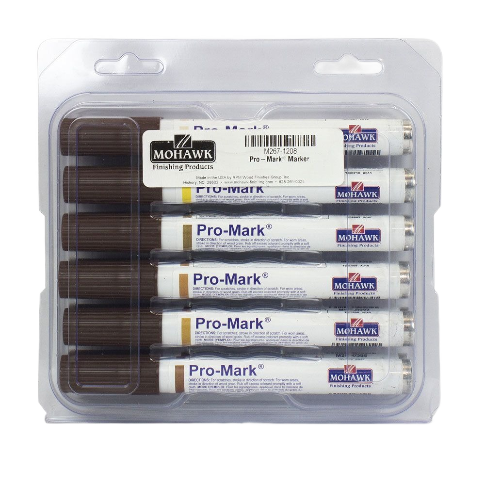 Set of six capillary type touch-up markers in clear plastic clamshell package for wood stain repairs under $100.