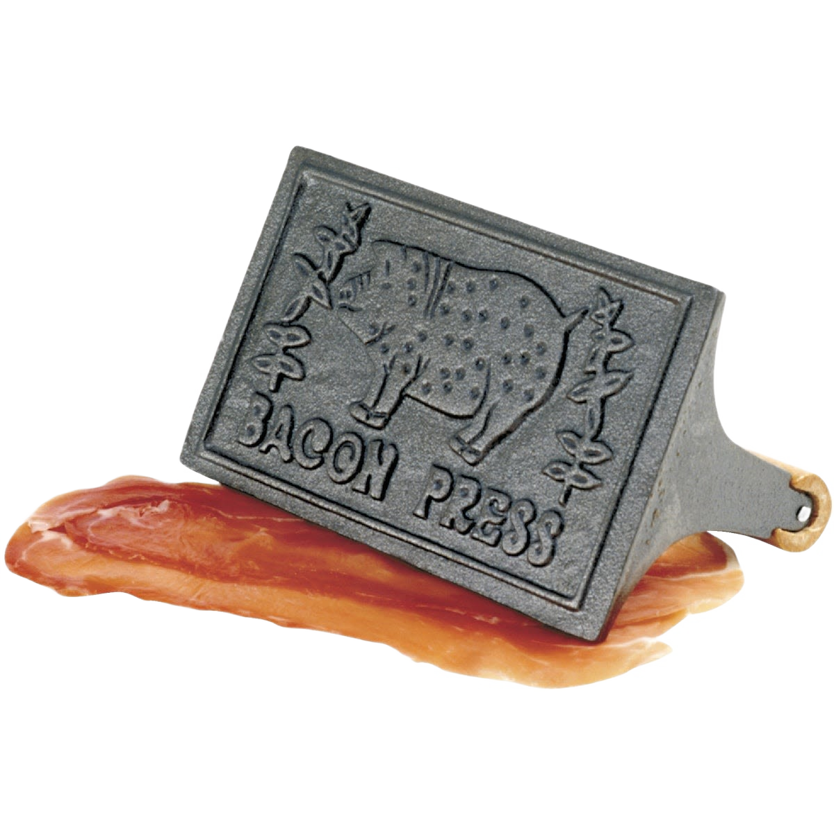 Cast iron bacon press with wooden handle for flattening bacon slices in kitchen gadgets and tools collection