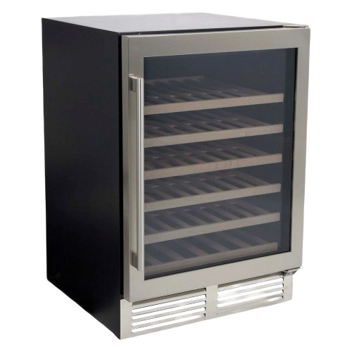 Black built-in wine cooler with stainless steel frame and wooden shelves, 51-bottle capacity in kitchen appliances collection