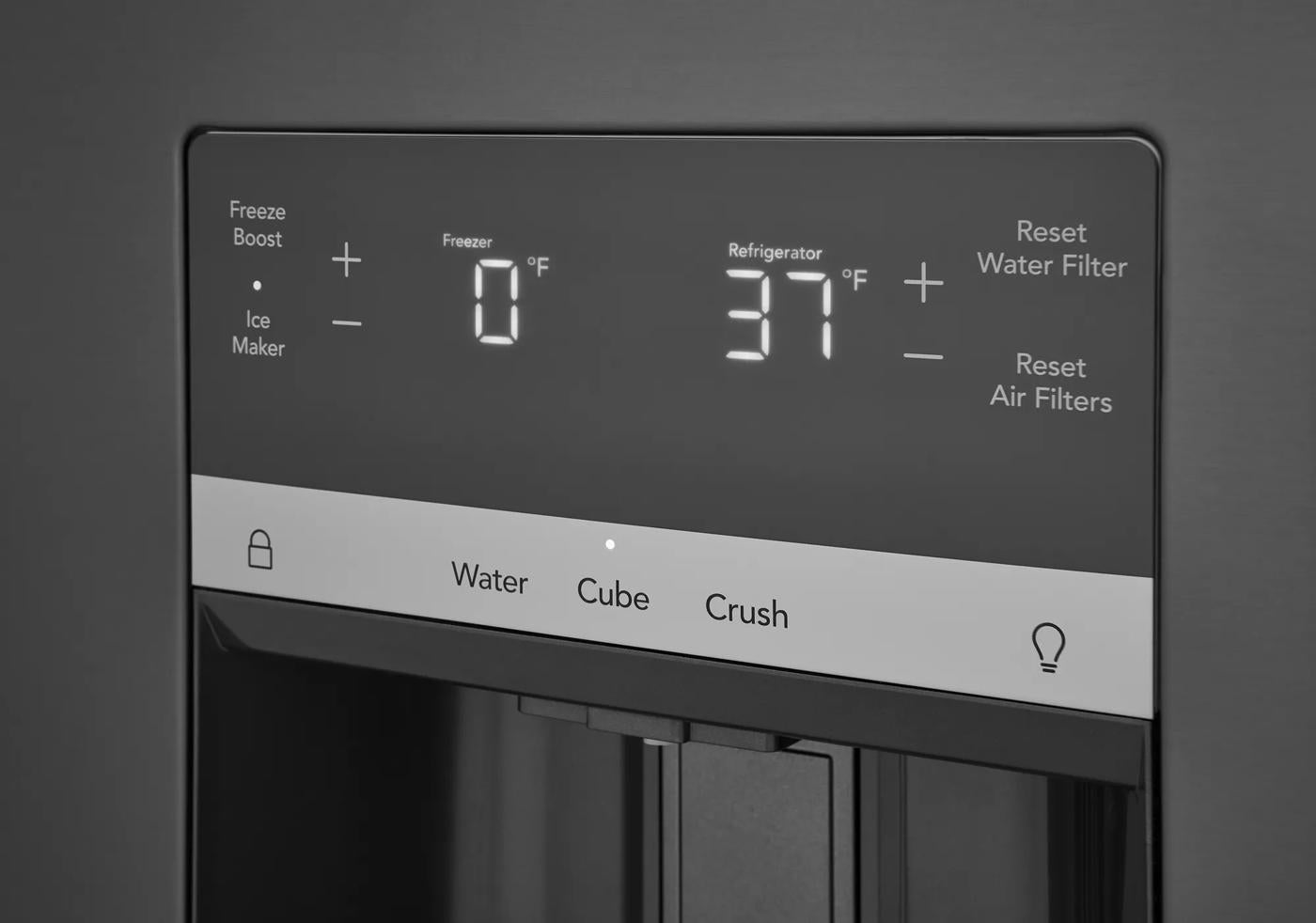 close-up of black refrigerator control panel with temperature settings and ice dispenser options in appliances collection