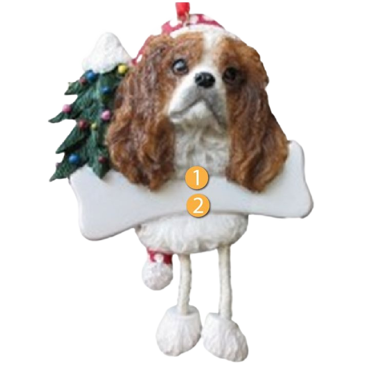 Personalized King Charles Cavalier ornament with dangling legs and Christmas tree for holiday decorations collection