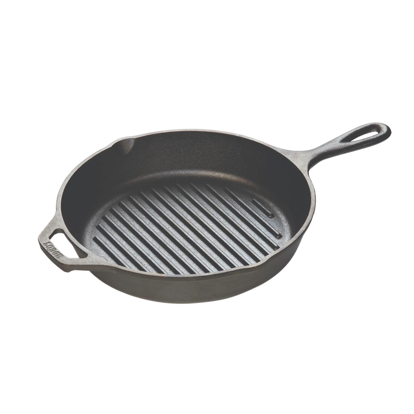 Black cast iron grill pan with ridged cooking surface and dual handles for kitchenware and cooking use.