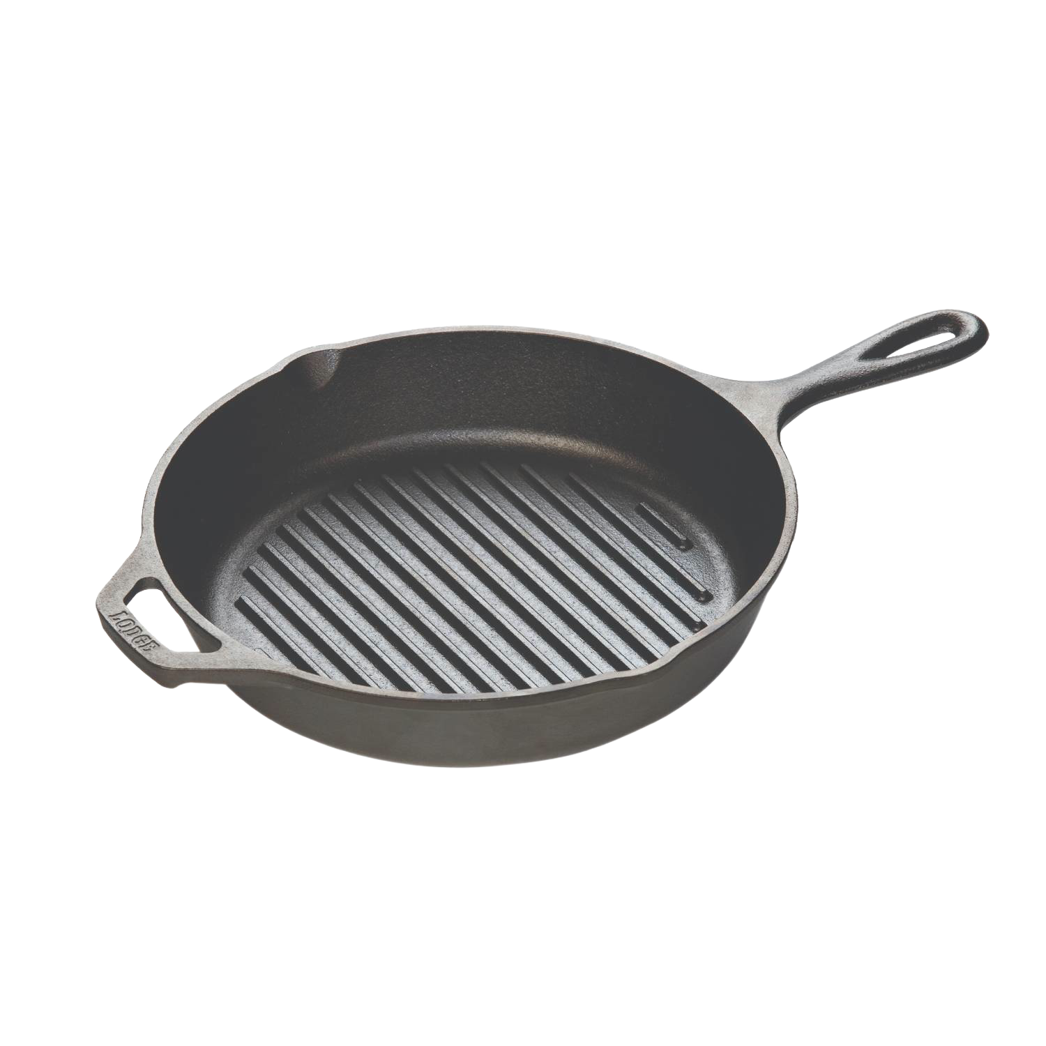Black cast iron grill pan with ridged cooking surface and dual handles for kitchenware and cooking use.
