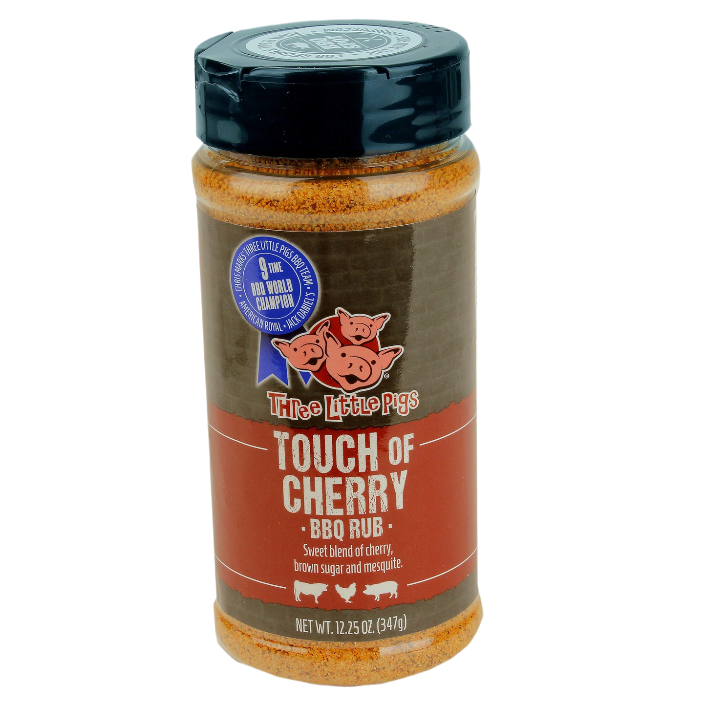 Clear spice bottle of Three Little Pigs Touch of Cherry BBQ rub with brown and red label for grilling and cooking use