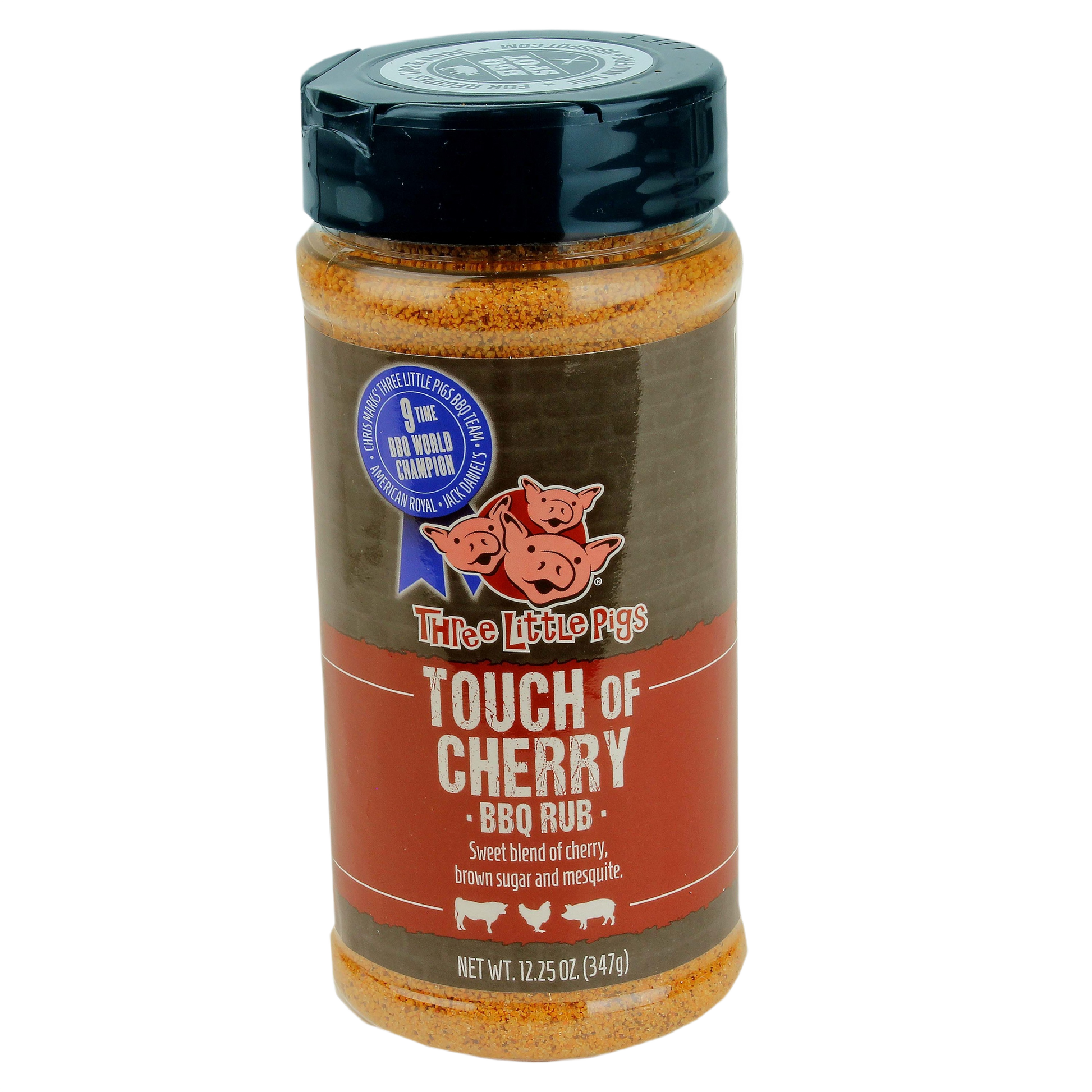 Clear spice bottle of Three Little Pigs Touch of Cherry BBQ rub with brown and red label for grilling and cooking use