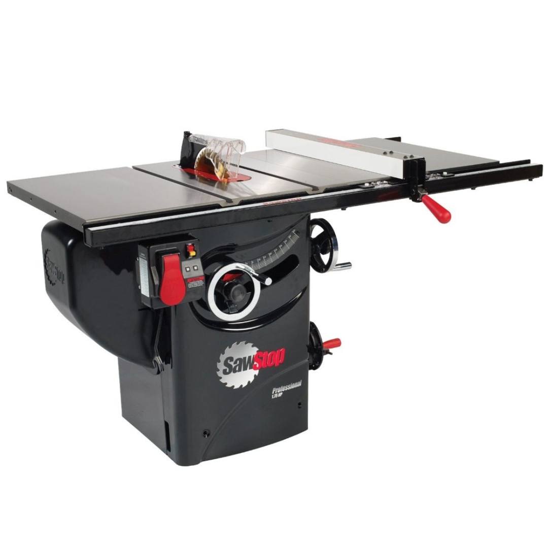 Professional black cabinet saw with red safety features for woodworking in Power Tools and Stationary Machinery collections