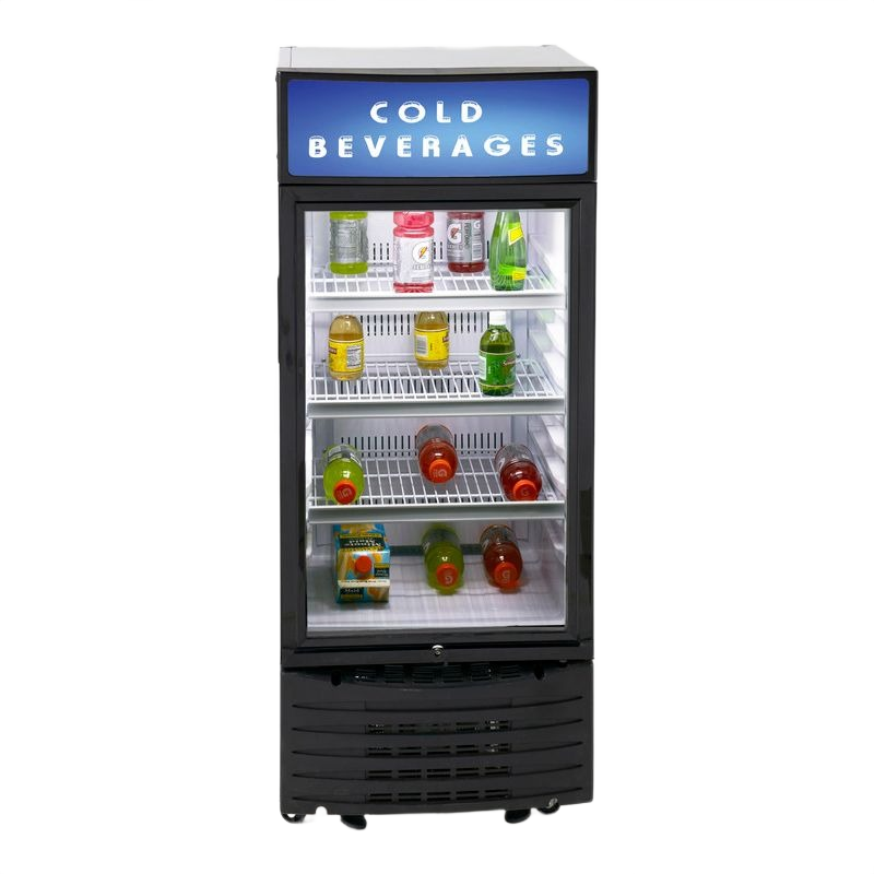 Commercial beverage cooler with glass door and white wire shelves displaying assorted drinks in kitchen and appliance collections