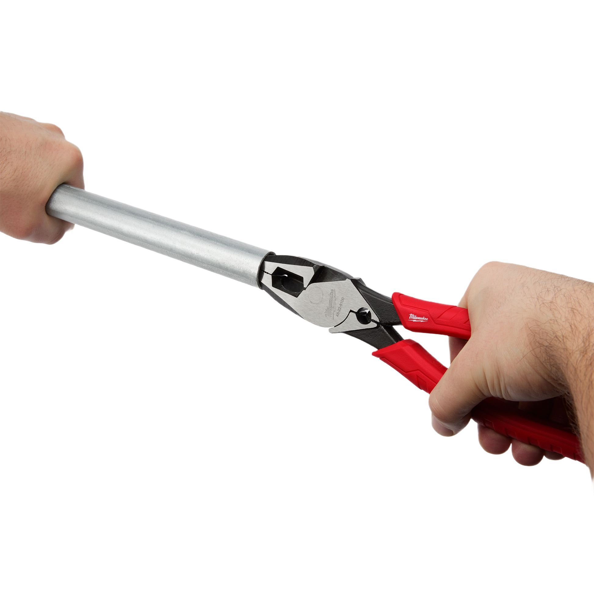 Red comfort grip lineman’s pliers with crimper cutting a metal pipe for home improvement and woodworking tools collections