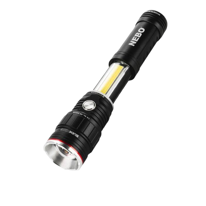 Compact rechargeable LED flashlight and work light in storm gray with metal body and side panel illumination for home improvement tasks