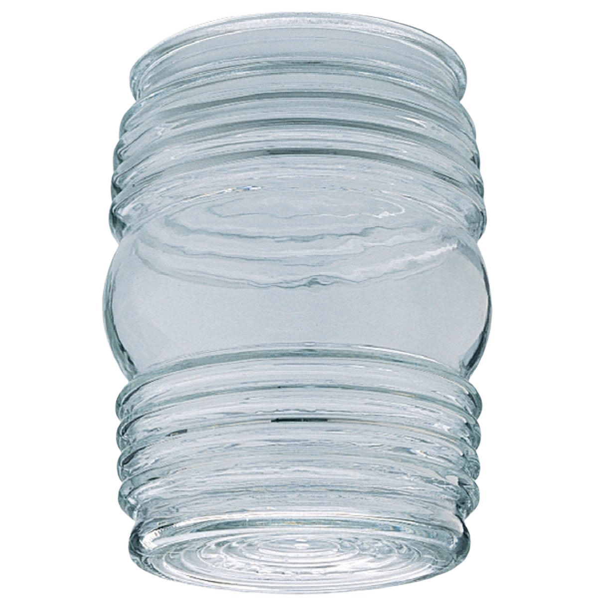 Clear glass jelly jar style shade with ribbed top and bottom, suitable for bathroom and lighting fixtures under $50 category