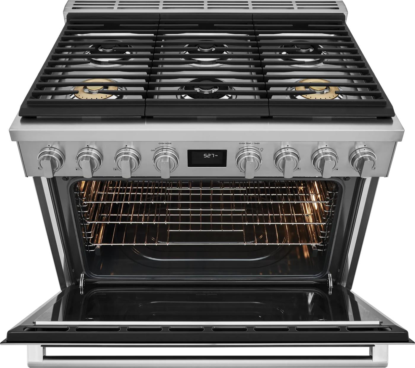 Front view of stainless steel dual-fuel range with open oven and six-burner gas cooktop, kitchen & kitchenware collection