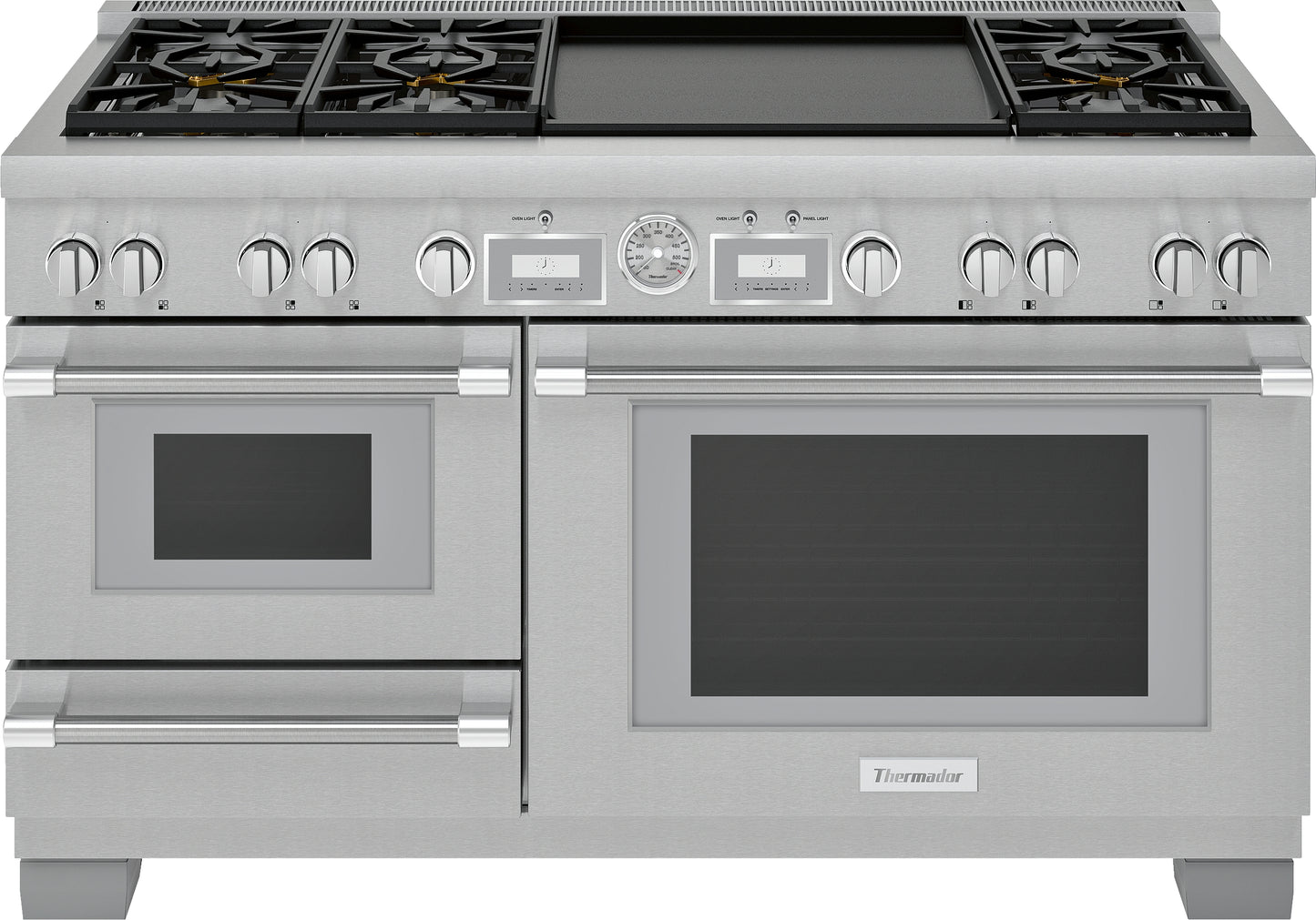 Stainless steel dual fuel range with six burners, double oven, and 24-inch double griddle from Thermador Appliances collection